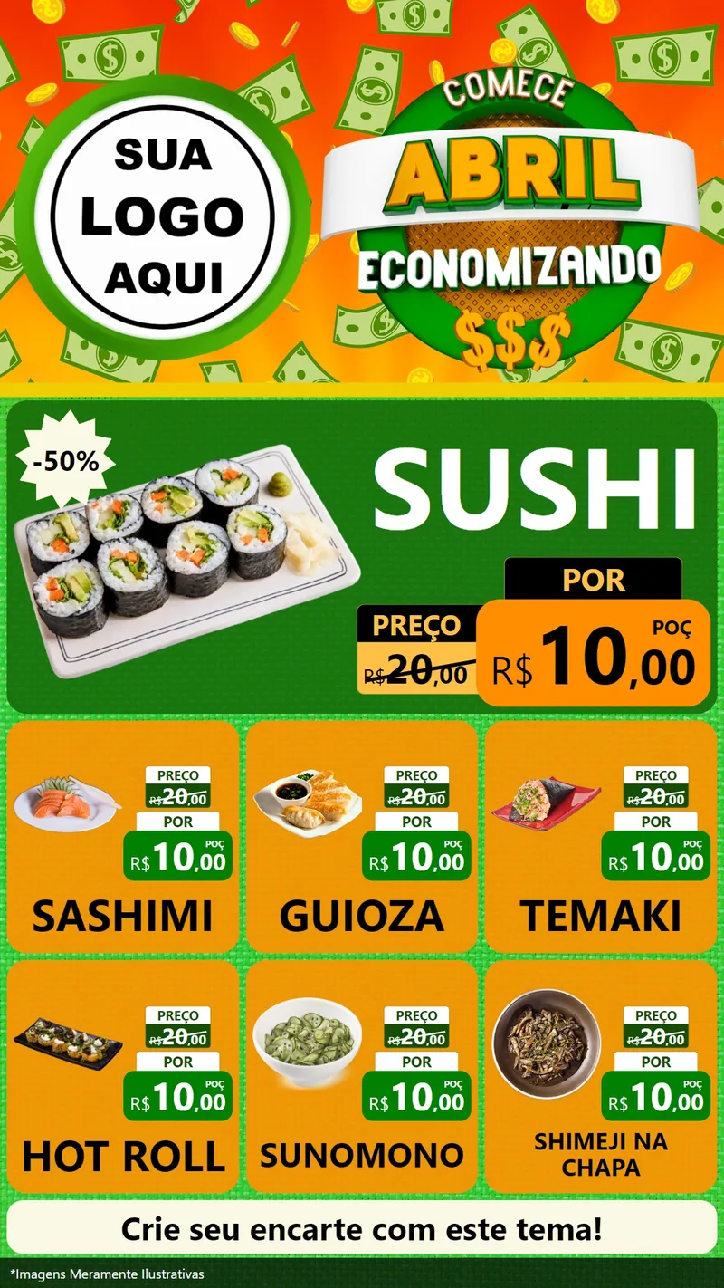 Modelo de Rede Social para Stories com o tema Comece Abril Economizando para Comida japonesa