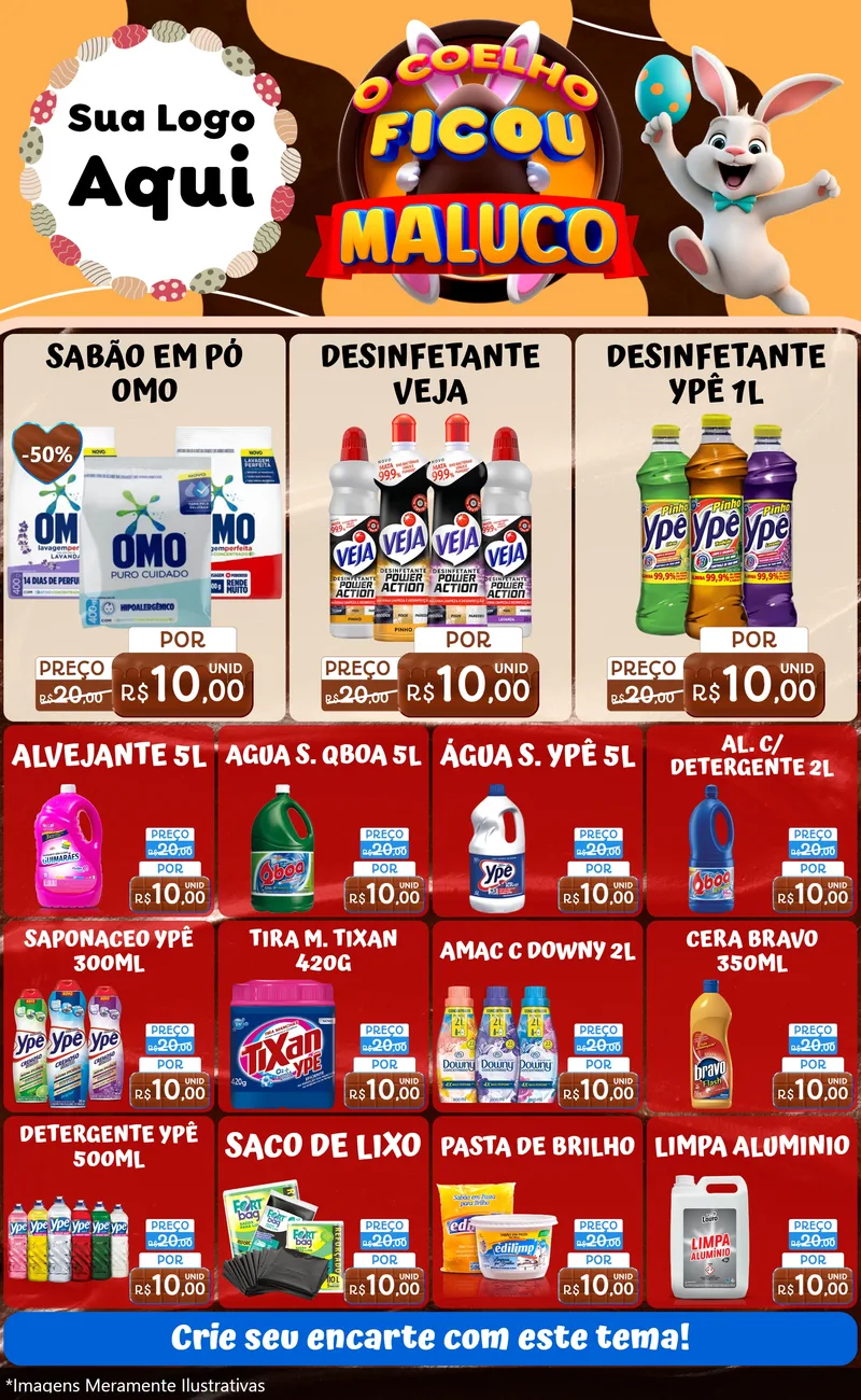 Modelo de Encarte para Encarte Grande com o tema O Coelho Ficou Maluco - Páscoa para Produtos de Limpeza