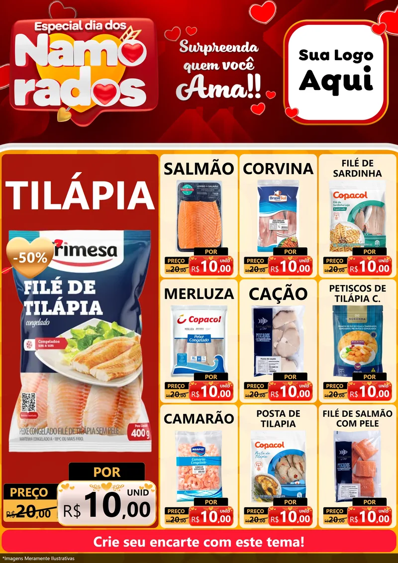 Modelo de Encarte para Encarte A4 Vertical com o tema Especial Dia dos Namorados para Peixaria