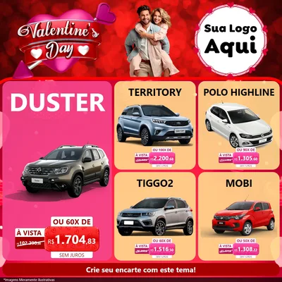 Modelo de Rede Social para Feed Facebook com o tema Valentine's Day para Concessionaria de Carros