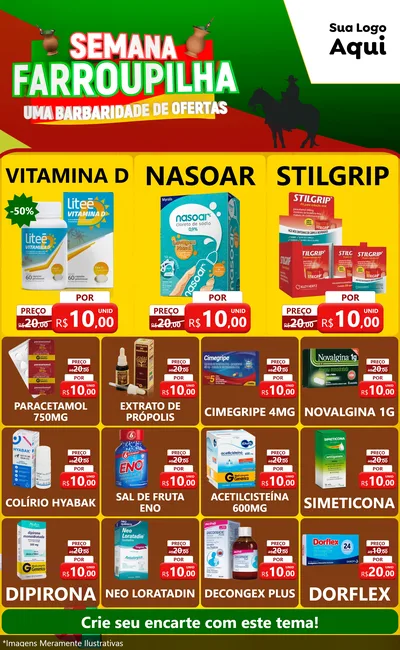 Modelo de Encarte para Encarte Grande com o tema Semana Farroupilha - Uma Barbaridade de Ofertas para Farmácia