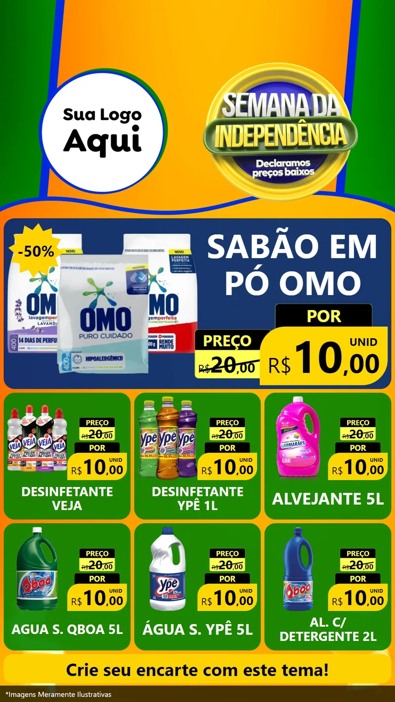 Modelo de Rede Social para Stories com o tema Semana da Independência Declaramos Preços Baixos para Produtos de Limpeza