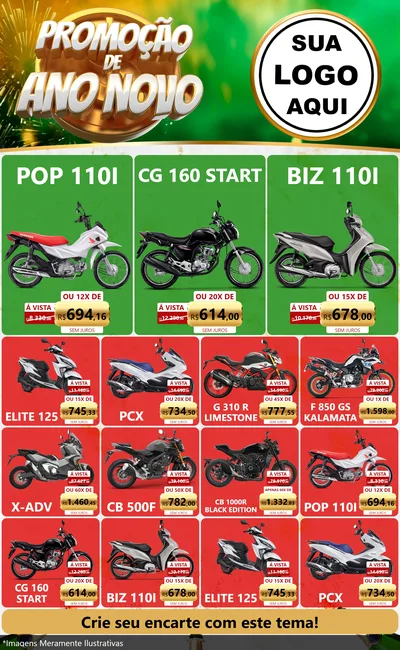 Modelo de Encarte para Encarte Grande com o tema Promoção de Ano Novo para Concessionaria de Motos