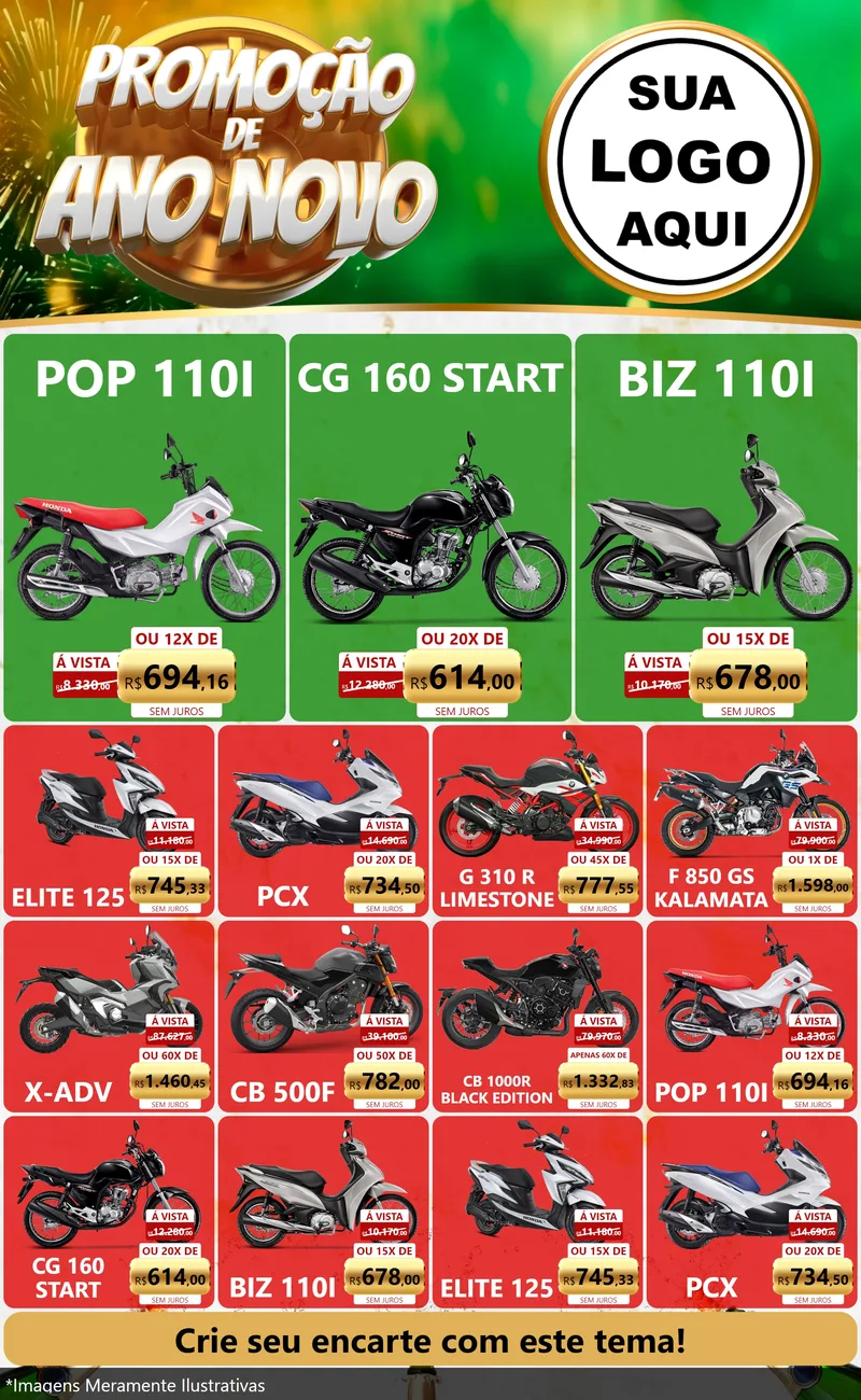Modelo de Encarte para Encarte Grande com o tema Promoção de Ano Novo para Concessionaria de Motos