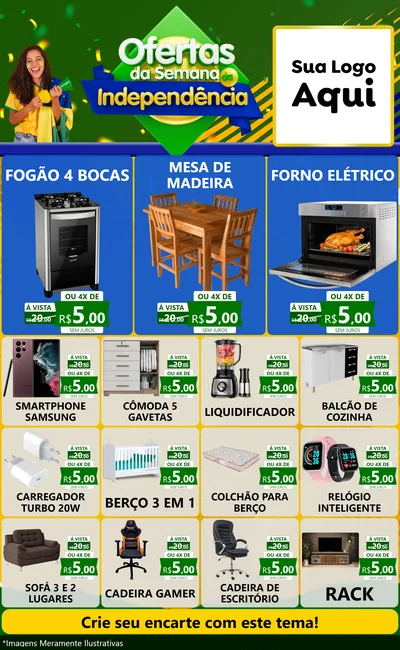 Modelo de Encarte para Encarte Grande com o tema Ofertas da Semana da Independência para Móveis e Eletro