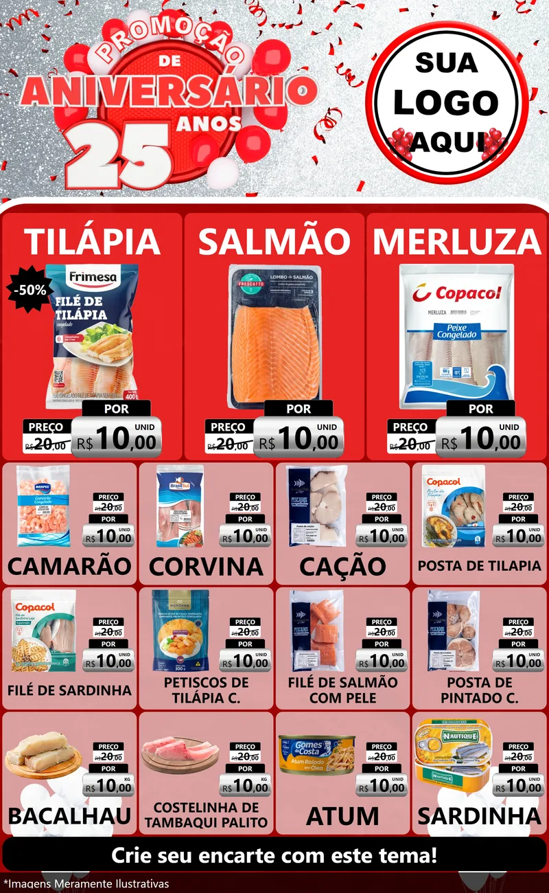 Modelo de Encarte para Encarte Grande com o tema Promoção de Aniversário - 25Anos para Peixaria