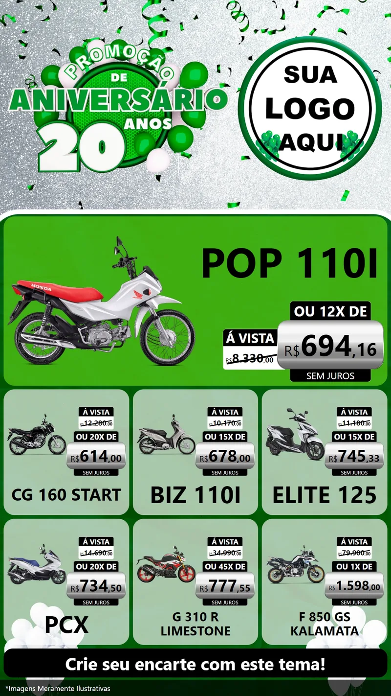 Modelo de Rede Social para Stories com o tema Promoção de Aniversário - 20 Anos para Concessionaria de Motos