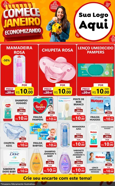 Modelo de Encarte para Encarte Grande com o tema Comece Janeiro Economizando para Bebês