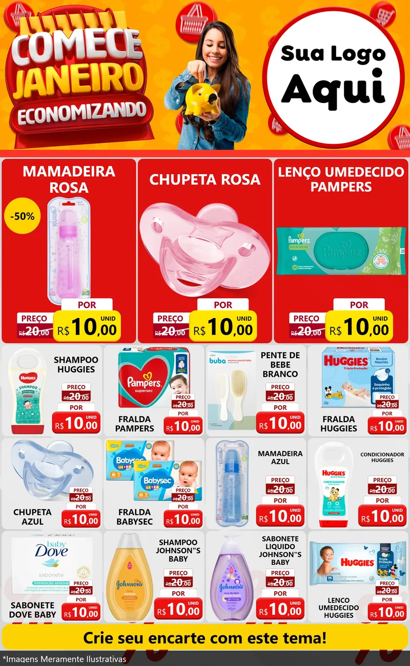 Modelo de Encarte para Encarte Grande com o tema Comece Janeiro Economizando para Bebês