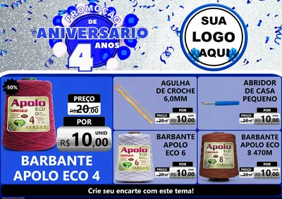 Modelo de Encarte para Encarte A4 Horizontal com o tema Promoção de Aniversário - 4 Anos para Armarinho e Aviamentos