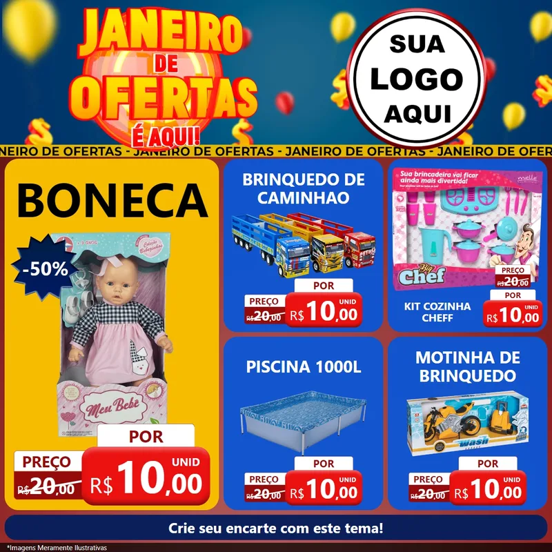 Modelo de Rede Social para Feed Facebook com o tema Janeiro de Ofertas É Aqui! para Brinquedos