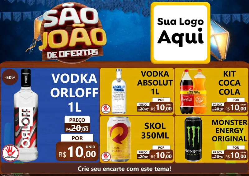 Modelo de Encarte para Encarte A4 Horizontal com o tema São João Ofertas Imbatíveis! - Junina para Distribuidora de bebidas