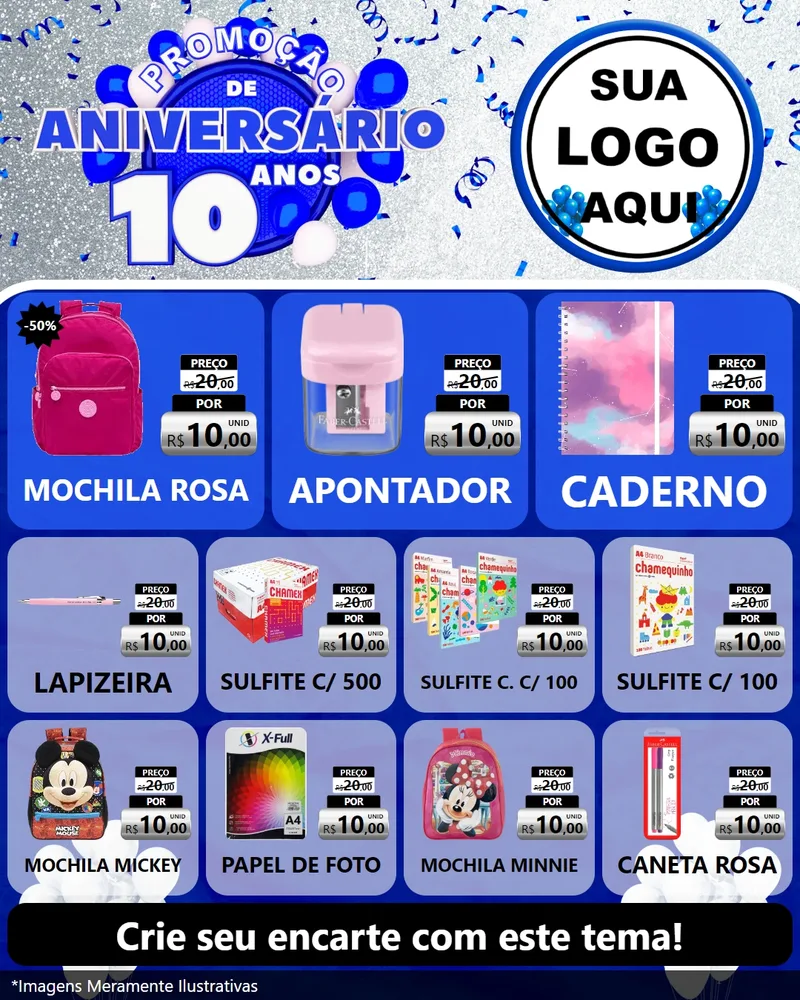 Modelo de Rede Social para Feed Instagram com o tema Promoção de Aniversário - 10 Anos para Papelaria