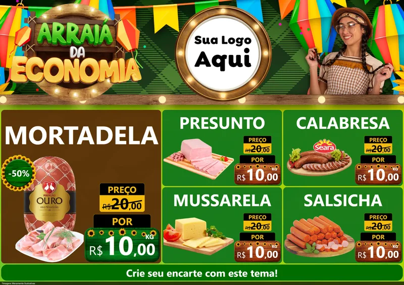 Modelo de Encarte para Encarte A4 Horizontal com o tema Arraiá de Economia para Frios e Laticínios