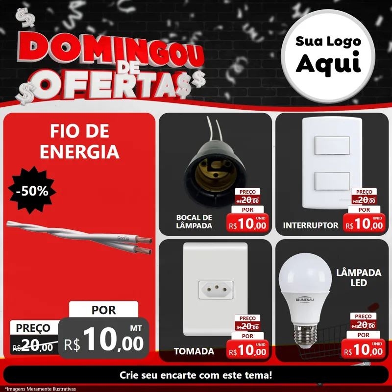 Modelo de Rede Social para Feed Facebook com o tema Domingou de Ofertas para Materiais Elétricos