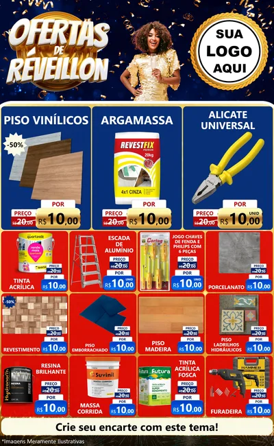 Modelo de Encarte para Encarte Grande com o tema Ofertas de Réveillon para Material para Construção
