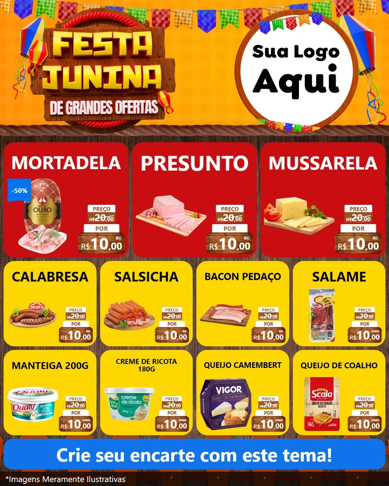 Modelo de Rede Social para Feed Instagram com o tema Festa Junina de Grandes Ofertas para Frios e Laticínios
