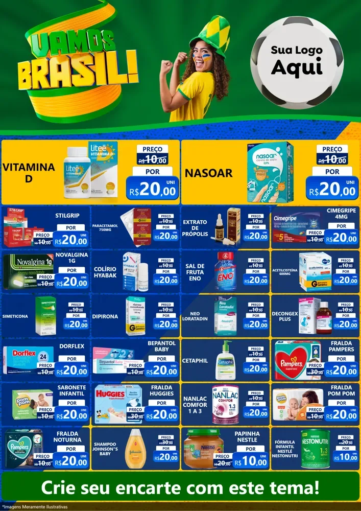 Modelo de Encarte para Encarte A4 Vertical com o tema Vamos Brasil - Copa para Farmácia