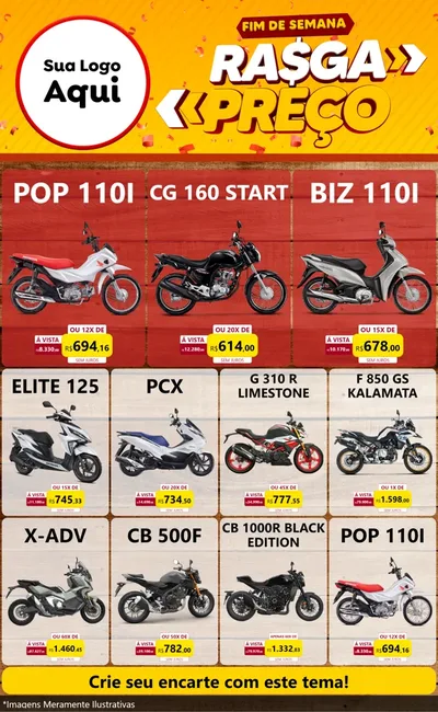 Modelo de Encarte para Encarte Grande com o tema Fim de Semana Rasga Preços para Concessionaria de Motos