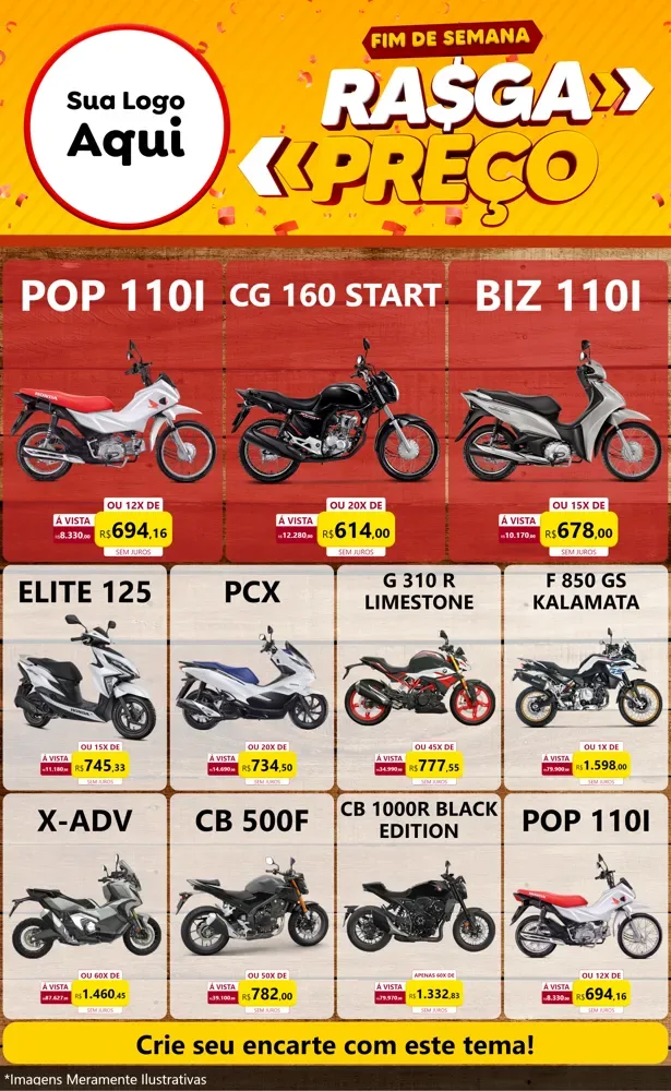 Modelo de Encarte para Encarte Grande com o tema Fim de Semana Rasga Preços para Concessionaria de Motos