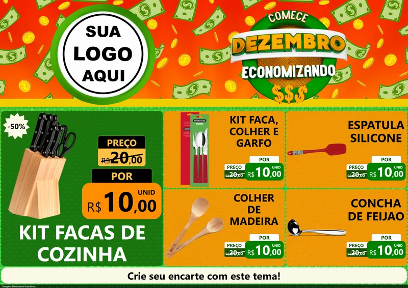 Modelo de Encarte para Encarte A4 Horizontal com o tema Comece Dezembro Economizando para Utilidades Domésticas