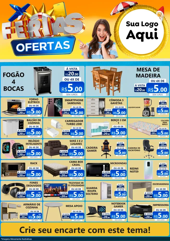 Modelo de Encarte para Encarte A4 Vertical com o tema Ofertas - Férias para Móveis e Eletro