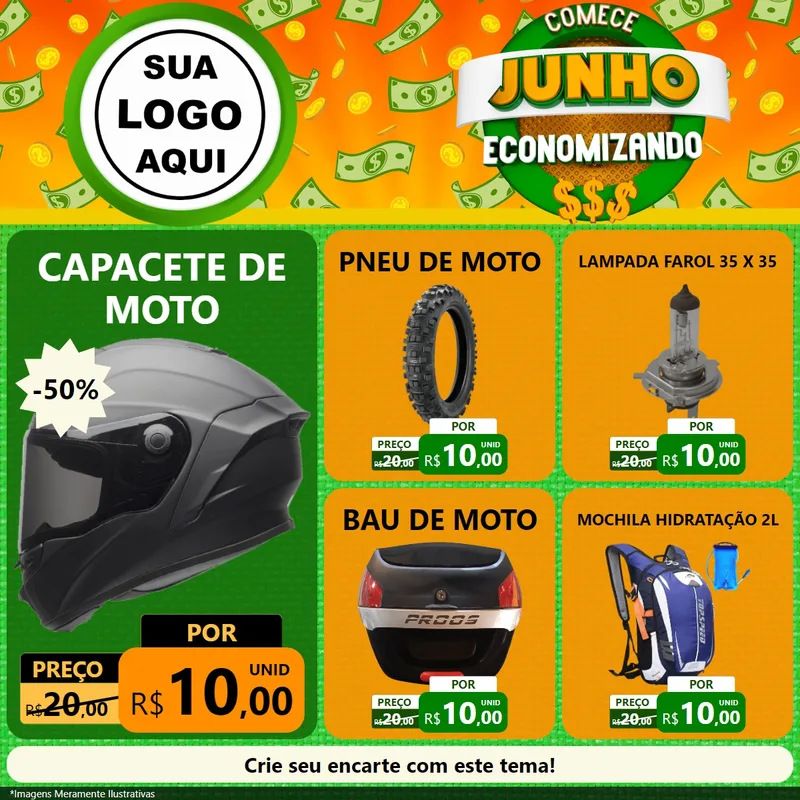 Modelo de Rede Social para Feed Facebook com o tema Comece Junho Economizando para Moto peças