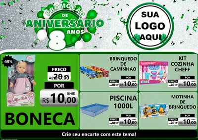 Modelo de Encarte para Encarte A4 Horizontal com o tema Promoção de Aniversário - 8 Anos para Brinquedos