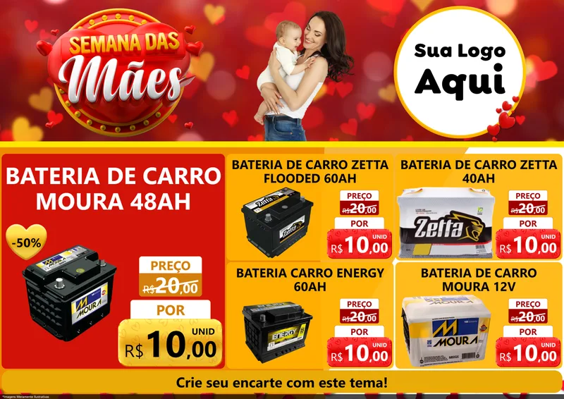 Modelo de Encarte para Encarte A4 Horizontal com o tema Semana das Mães para Baterias Elétricas