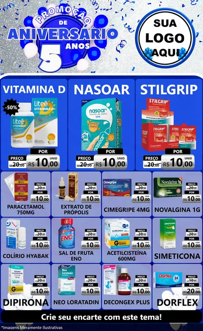 Modelo de Encarte para Encarte Grande com o tema Promoção de Aniversário - 5 Anos para Farmácia