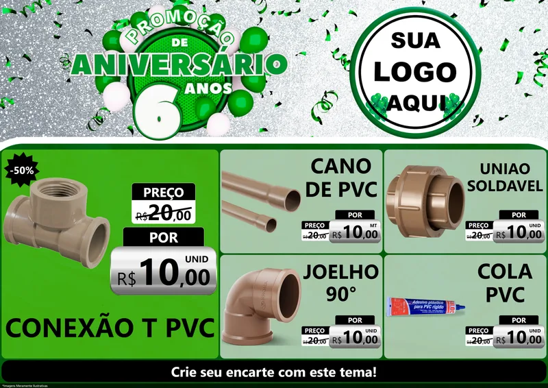 Modelo de Encarte para Encarte A4 Horizontal com o tema Promoção de Aniversário - 6 Anos para Tubos e conexões