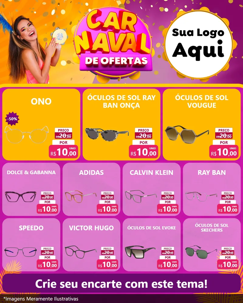 Modelo de Rede Social para Feed Instagram com o tema Carnaval de Ofertas para Óticas