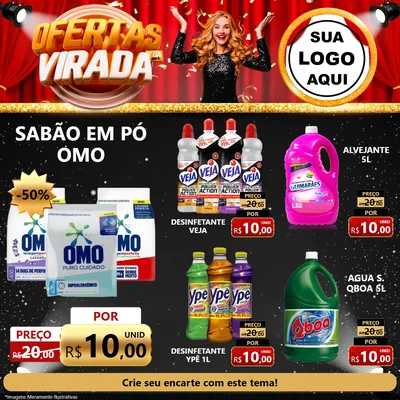 Modelo de Rede Social para Feed Facebook com o tema Ofertas da Virada para Produtos de Limpeza