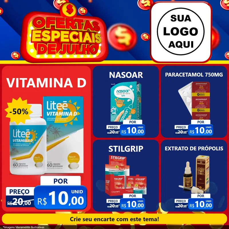 Modelo de Rede Social para Feed Facebook com o tema Ofertas Especiais de Julho para Farmácia