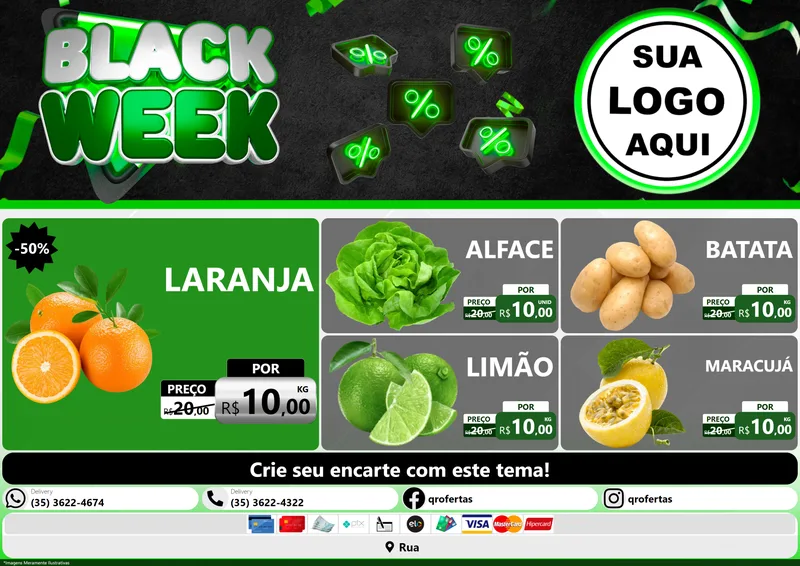 Modelo de Encarte para Encarte A4 Horizontal com o tema Black Week para Hortifrúti