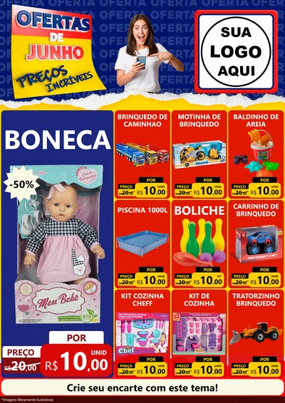 Modelo de Encarte para Encarte A4 Vertical com o tema Ofertas de Junho - Preços Incríveis para Brinquedos