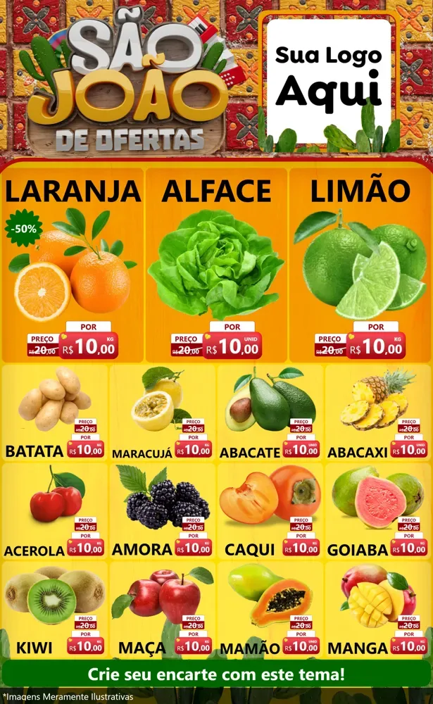 Modelo de Encarte para Encarte Grande com o tema São João de Muitas Ofertas - Junina para Hortifrúti