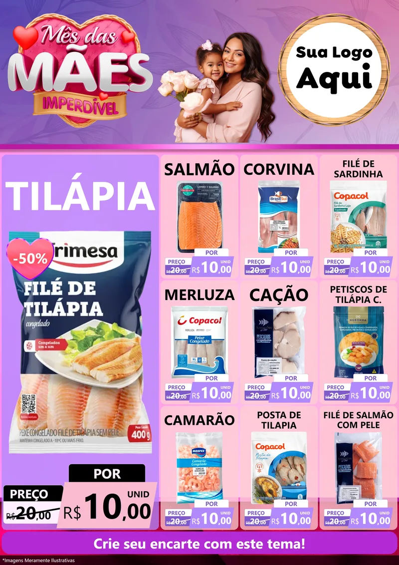 Modelo de Encarte para Encarte A4 Vertical com o tema Mês das Mães Imperdível para Peixaria