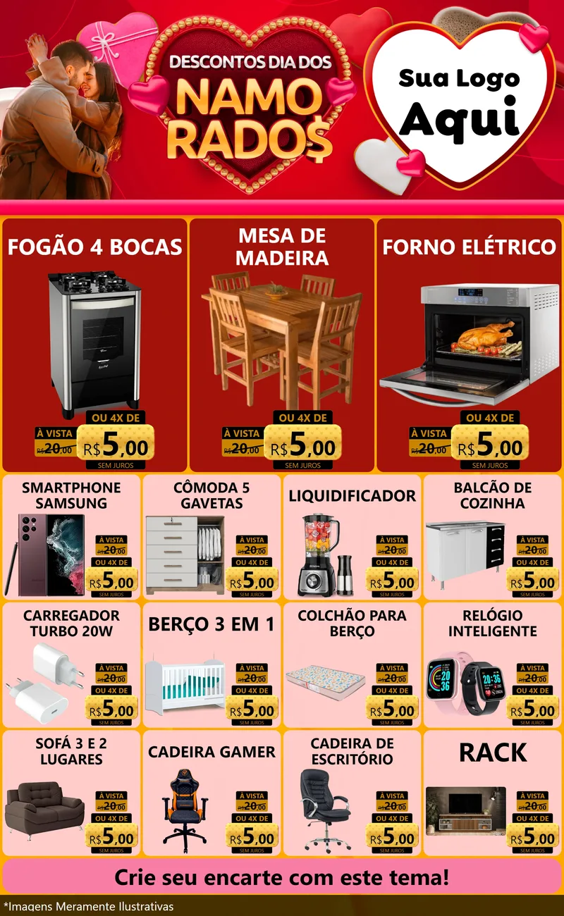 Modelo de Encarte para Encarte Grande com o tema Descontos Dia dos Namorados para Móveis e Eletro