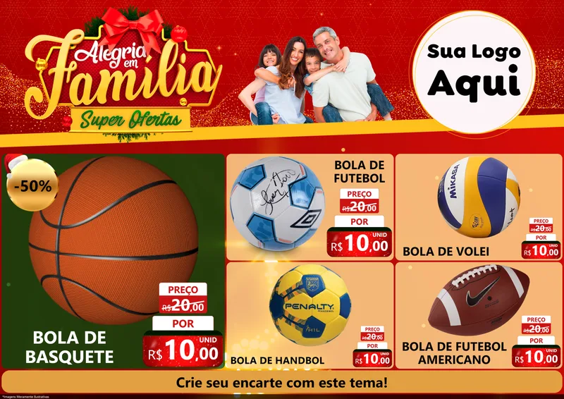 Modelo de Encarte para Encarte A4 Horizontal com o tema Alegria em Família Super Ofertas - Natal para Artigos Esportivos