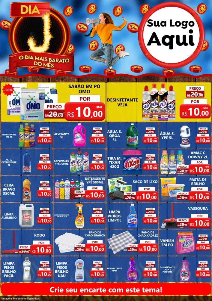 Modelo de Encarte para Encarte A4 Vertical com o tema Dia J - O Dia Mais Barato Do Mês para Produtos de Limpeza