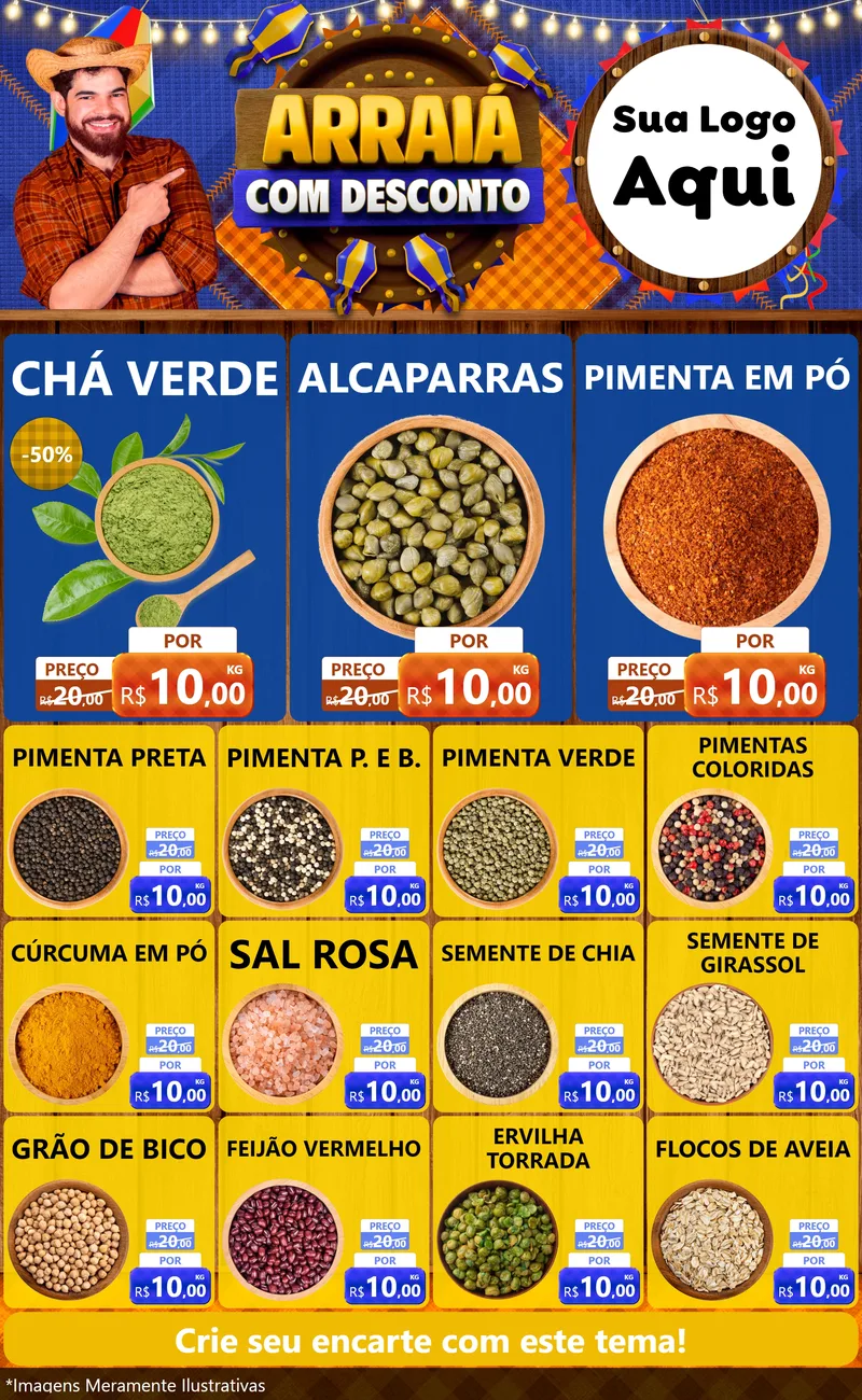 Modelo de Encarte para Encarte Grande com o tema Arraiá Com Desconto para Produtos Naturais