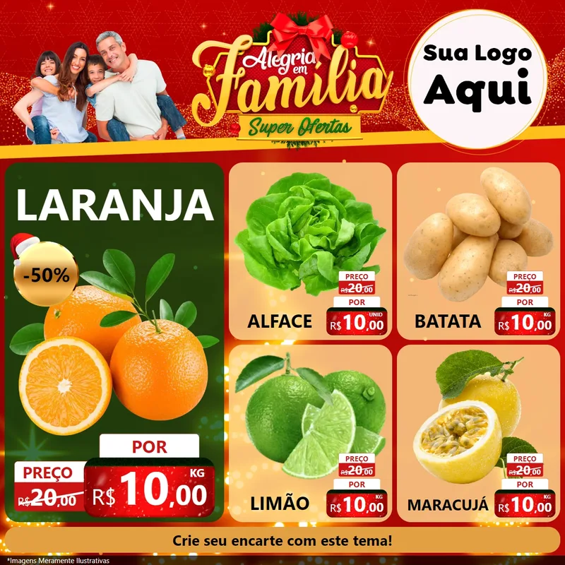 Modelo de Rede Social para Feed Facebook com o tema Alegria em Família Super Ofertas - Natal para Hortifrúti