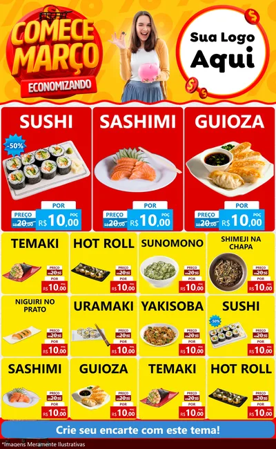Modelo de Encarte para Encarte Grande com o tema Comece Março Economizando para Comida japonesa
