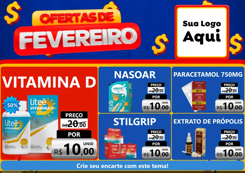 Modelo de Encarte para Encarte A4 Horizontal com o tema Ofertas de Fevereiro para Farmácia