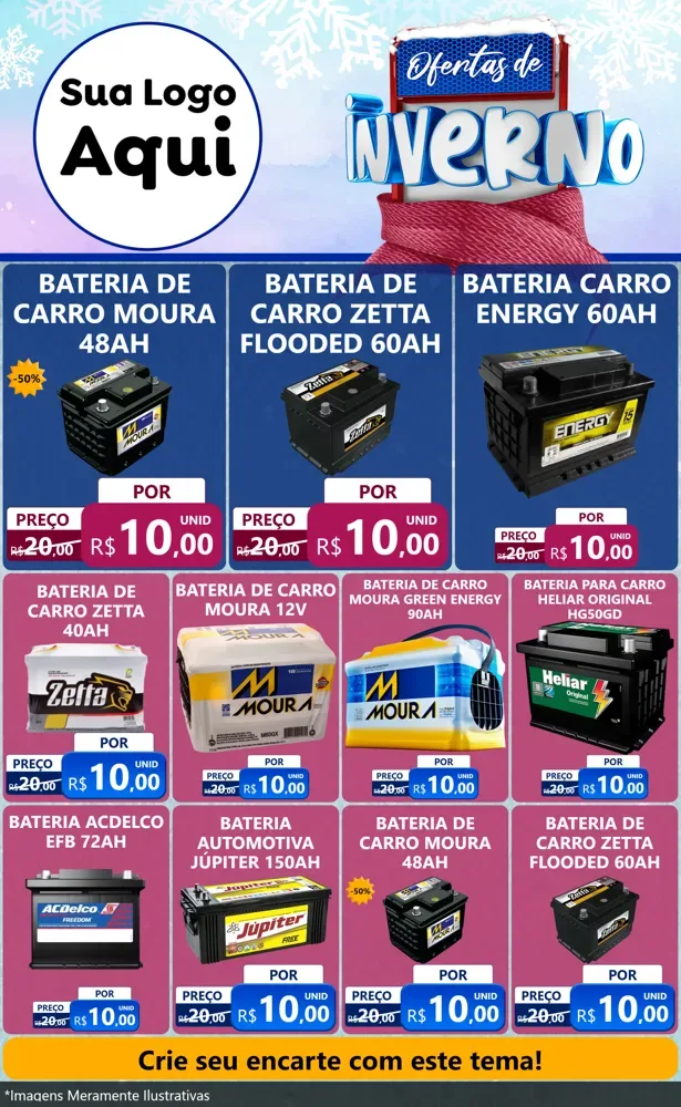 Modelo de Encarte para Encarte Grande com o tema Ofertas de Inverno para Baterias Elétricas