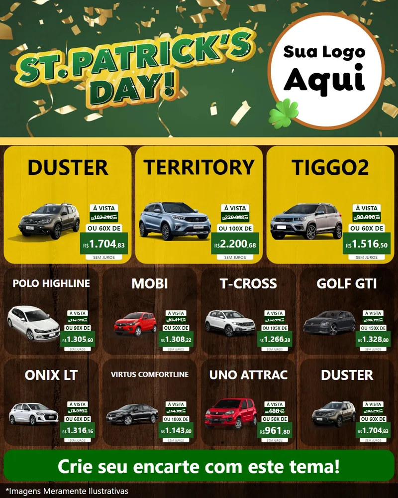 Modelo de Rede Social para Feed Instagram com o tema St Patriks Day para Concessionaria de Carros
