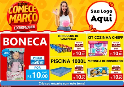 Modelo de Encarte para Encarte A4 Horizontal com o tema Comece Março Economizando para Brinquedos