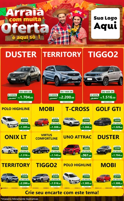 Modelo de Encarte para Encarte Grande com o tema Arraiá Com Muita Oferta - É Aqui Sô! para Concessionaria de Carros
