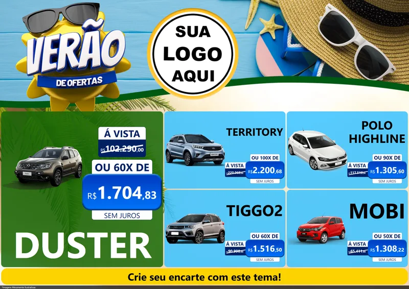 Modelo de Encarte para Encarte A4 Horizontal com o tema Verão de Ofertas para Concessionaria de Carros